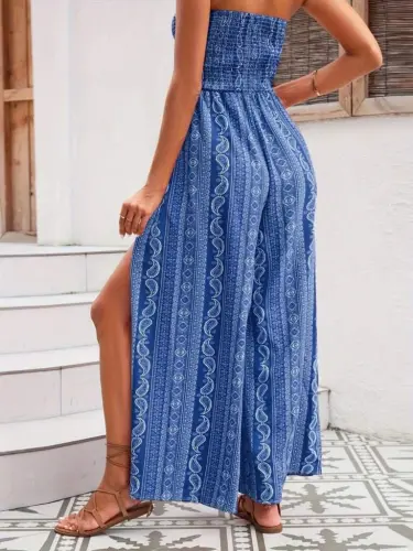 Women's Collar Guipure Detailed Front Slit Detailed Patterned Supima Pants Skirt Jumpsuit - 4