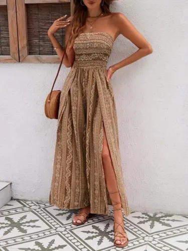 Women's Collar Guipure Detailed Front Slit Detailed Patterned Supreme Pants Skirt Jumpsuit - 1