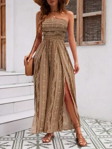 Women's Collar Guipure Detailed Front Slit Detailed Patterned Supreme Pants Skirt Jumpsuit - 4