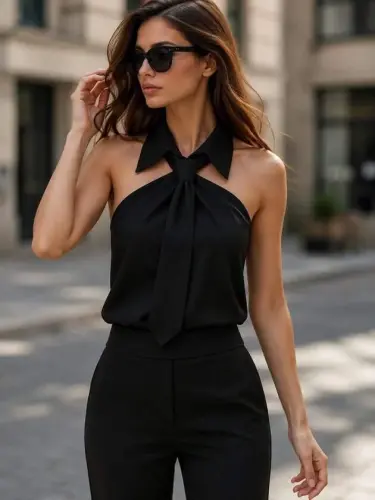 Women's Collared Off-Shoulder Back-Zipped Tie-Detail Dubai Blouse - BÜYÜKBEDENIZ (1)