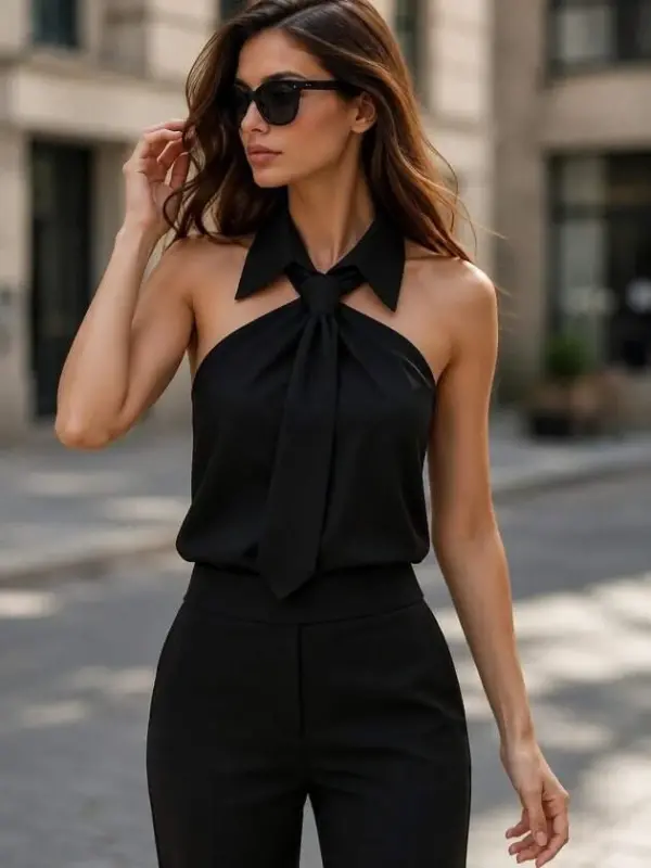 Women's Collared Off-Shoulder Back-Zipped Tie-Detail Dubai Blouse - 2
