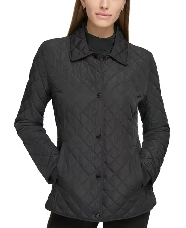 Womens Collared Quilted Coat - CALVIN KLEIN