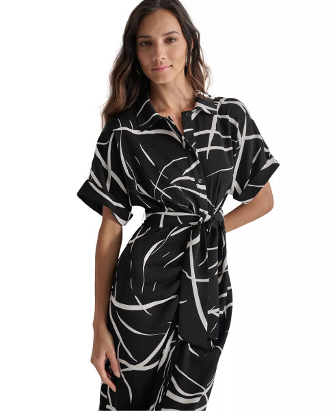 Women's Collared Short-Sleeve Shirtdress Black/Cream - 4