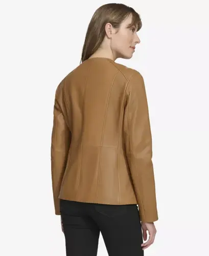 Women's Collarless Leather Jacket - 4
