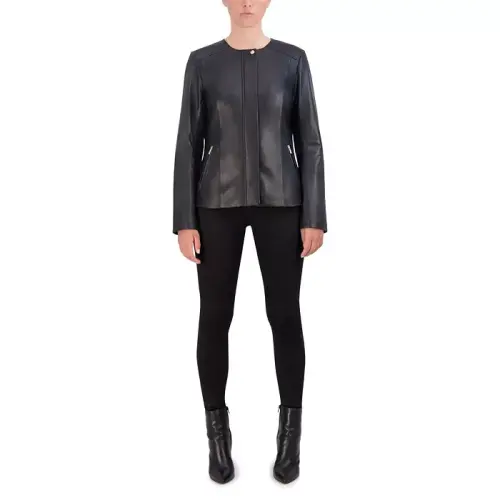 Women's Collarless Leather Jacket 