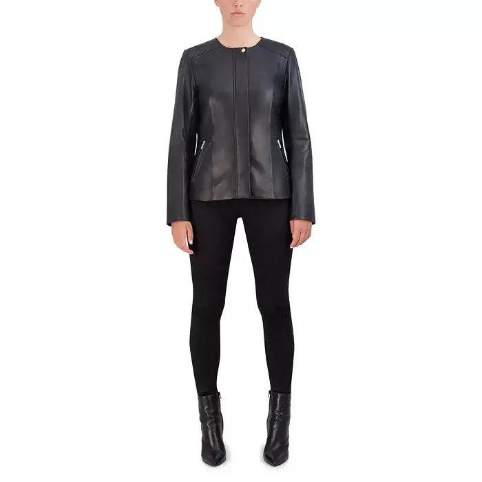 Women's Collarless Leather Jacket - 1