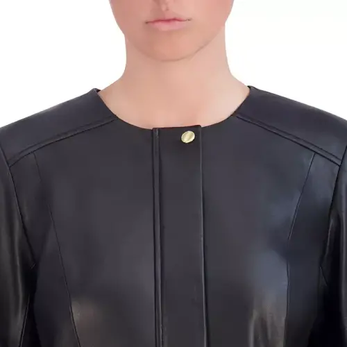Women's Collarless Leather Jacket - 4