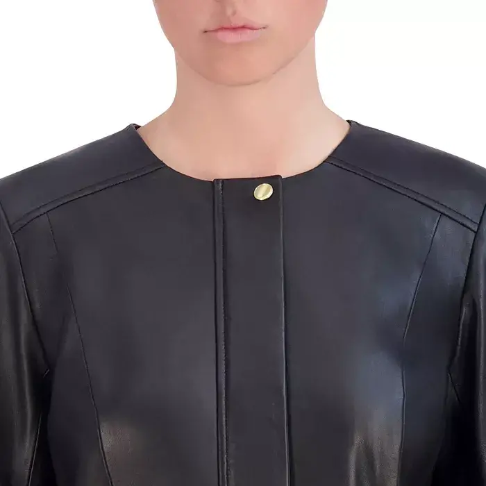 Women's Collarless Leather Jacket - 4