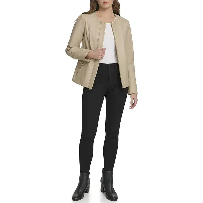 Women's Collarless Leather Jacket - COLE HAAN