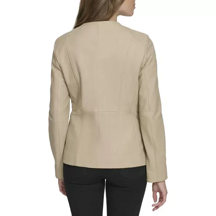 Women's Collarless Leather Jacket - 2