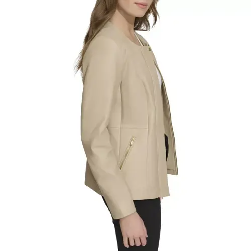 Women's Collarless Leather Jacket - 4