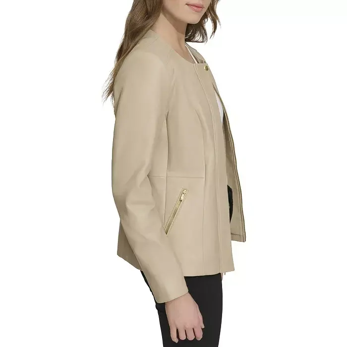 Women's Collarless Leather Jacket - 4