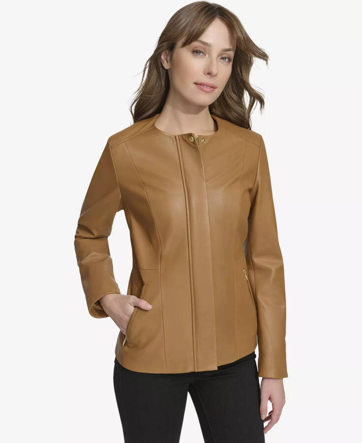 Women's Collarless Leather Jacket Hazelnut - 1