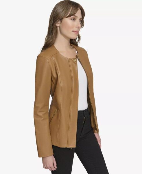 Women's Collarless Leather Jacket Hazelnut - 2