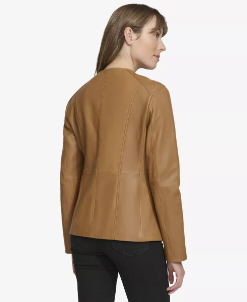 Women's Collarless Leather Jacket Hazelnut - 4