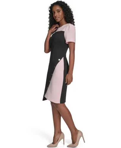 Women's Color-Blocked Asymmetric Scuba Dress - Black/Ballerina Pink - 2