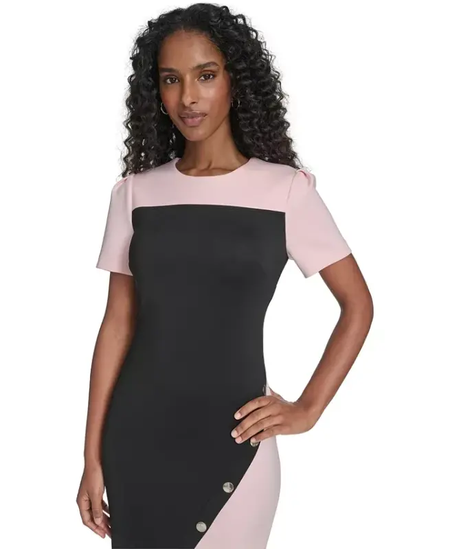 Women's Color-Blocked Asymmetric Scuba Dress - Black/Ballerina Pink - 3