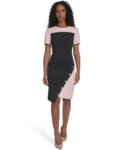 Women's Color-Blocked Asymmetric Scuba Dress - Black/Ballerina Pink 