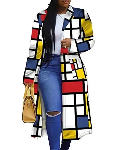 Women's Colored Geo Turn Down Collar Trench Coat Colorful Outerwear Cardigan Long Blazer Jacket - MODAZONE