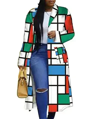 Women's Colored Geo Turn Down Collar Trench Coat Colorful Outerwear Cardigan Long Blazer Jacket 