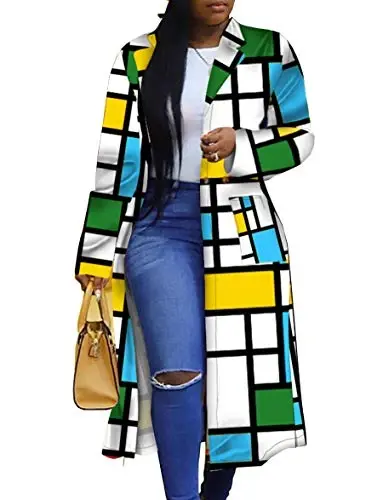 Women's Colored Geo Turn Down Collar Trench Coat Colorful Outerwear Cardigan Long Blazer Jacket - 1