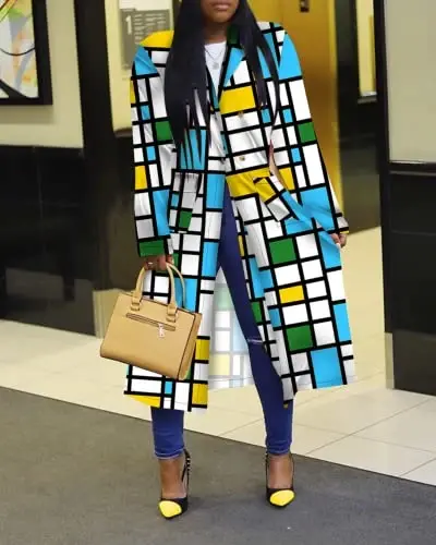 Women's Colored Geo Turn Down Collar Trench Coat Colorful Outerwear Cardigan Long Blazer Jacket - 2