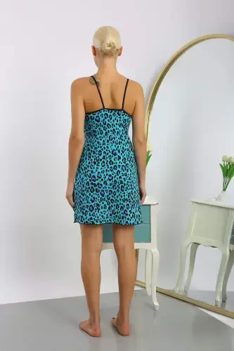 Women's Combed Cotton Water Green Leopard Patterned Spaghetti Strap Nightgown 36712 - 5