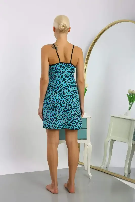Women's Combed Cotton Water Green Leopard Patterned Spaghetti Strap Nightgown 36712 - 5