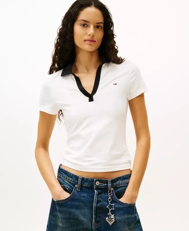 Women's Contrast-Collar Short-Sleeve Top - Ecru - TOMMY JEANS