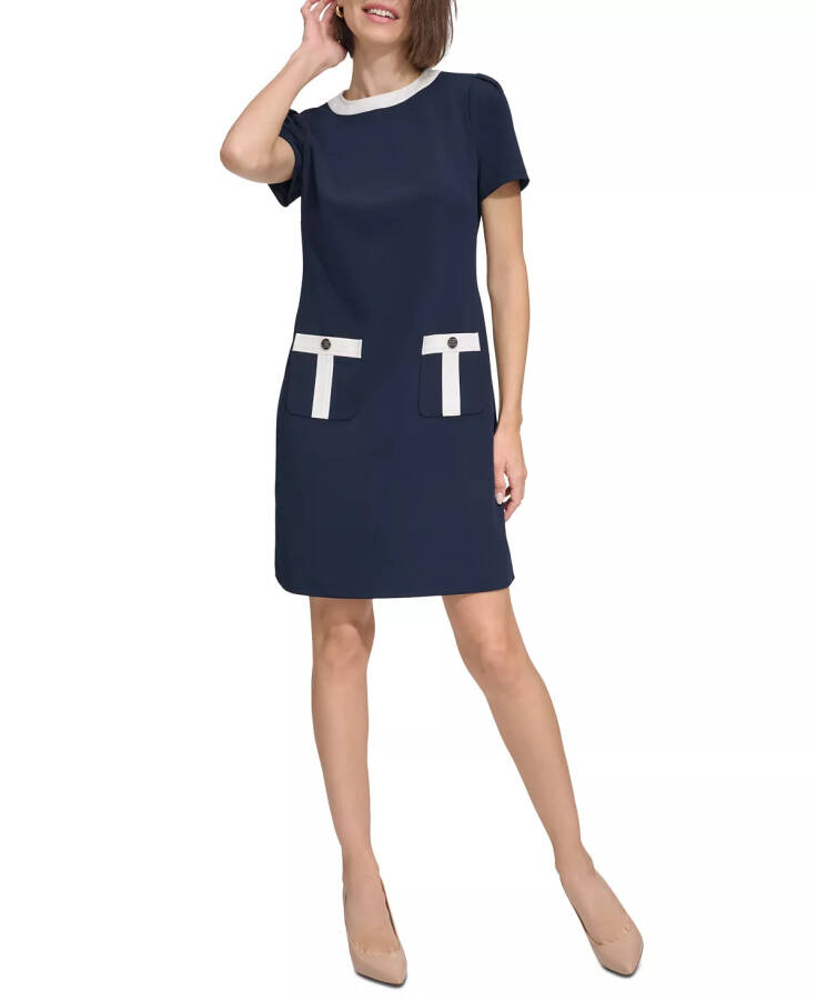 Women's Contrast-Trim Scuba Crepe Shift Dress Sky Blue - 1