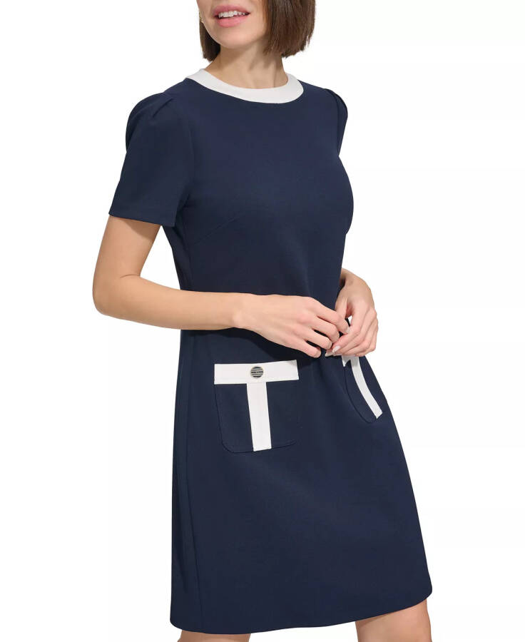 Women's Contrast-Trim Scuba Crepe Shift Dress Sky Blue - 4