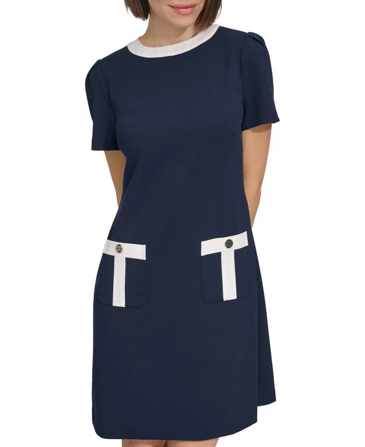 Women's Contrast-Trim Scuba Crepe Shift Dress Sky Blue - 5