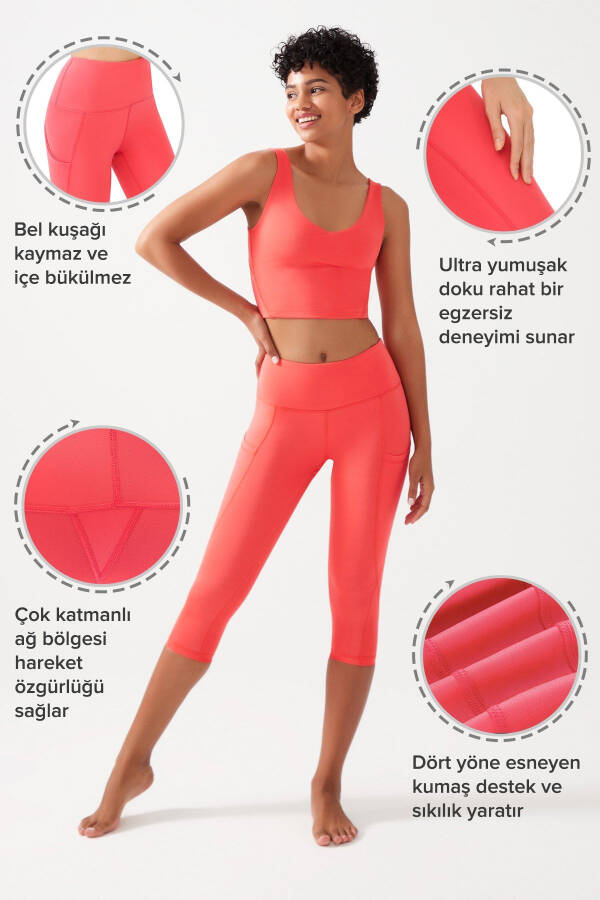 Women's Coral High Waist Shaping Double Pocket Knee Length Capri Leggings - 3