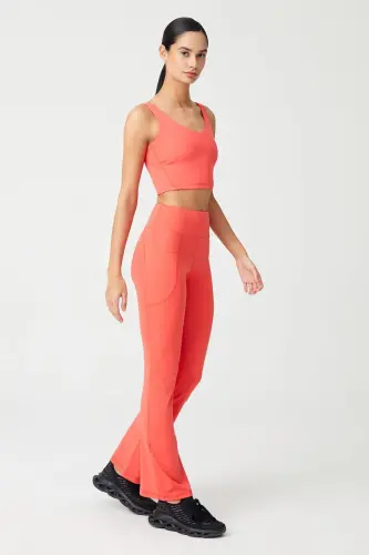 Women's Coral High Waist Shaping Dual Pockets Flared Leggings Bootcut - Coral - 5
