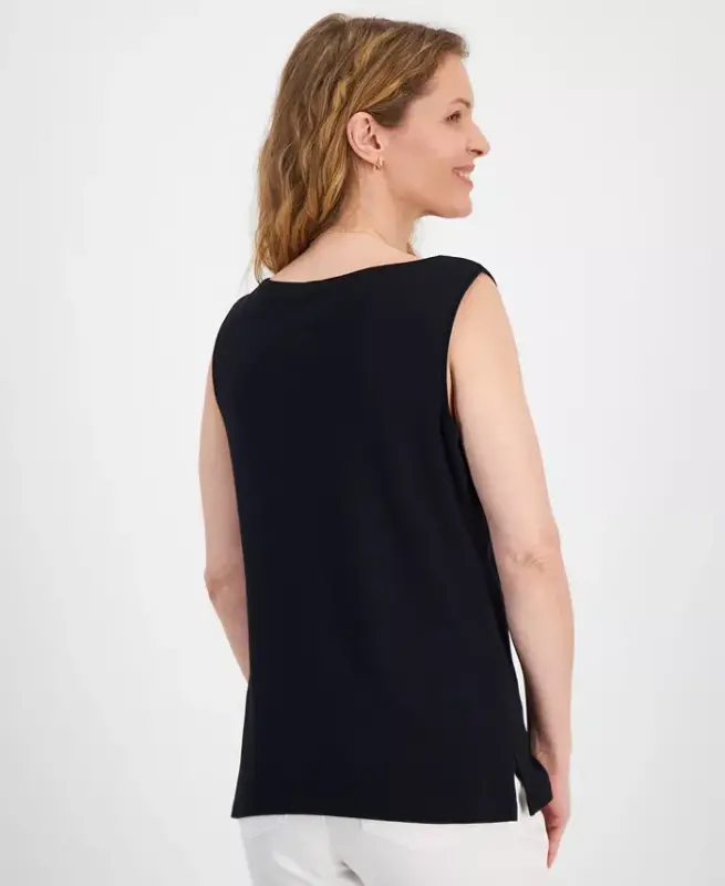 Women's Cotton Boat-Neck Sleeveless Top, Created for Modazone - Deep Black - 4