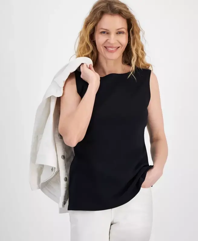Women's Cotton Boat-Neck Sleeveless Top, Created for Modazone - Deep Black - STYLE & CO