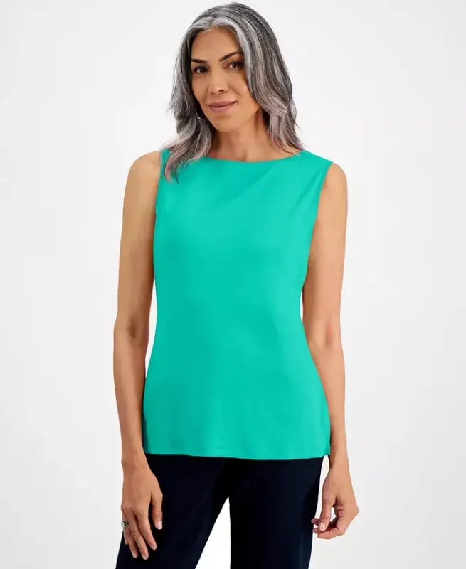 Women's Cotton Boat-Neck Sleeveless Top, Created for Modazone - Emerald Lake - 1