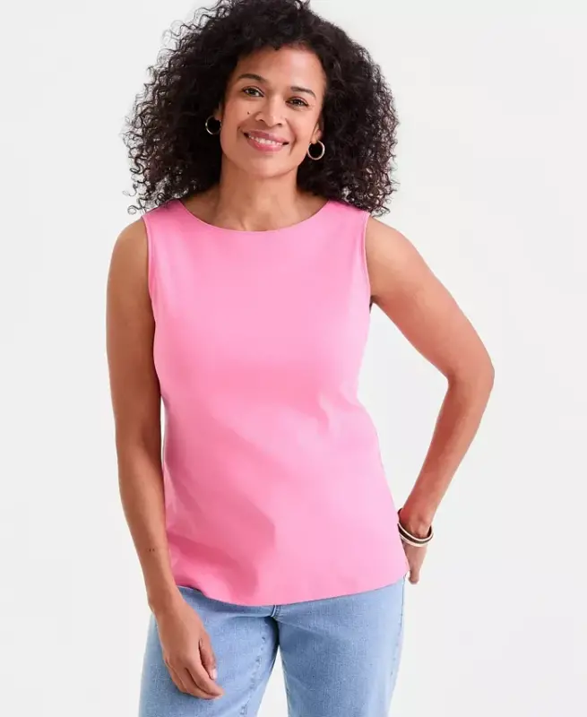 Women's Cotton Boat-Neck Sleeveless Top, Created for Modazone - Flower Ginger - STYLE & CO
