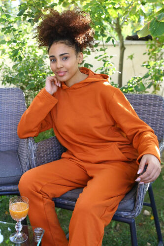 Women's Cotton Hooded Pocketed 3-Thread Terracotta Tracksuit 9037 - BÜYÜKBEDENIZ