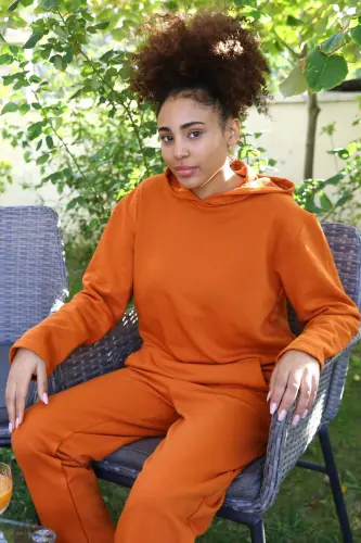 Women's Cotton Hooded Pocketed 3-Thread Terracotta Tracksuit 9037 - 7