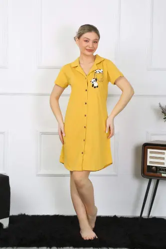 Women's Cotton Jersey Short Sleeve Buttoned Yellow Tunic Nightgown 13109 - 2