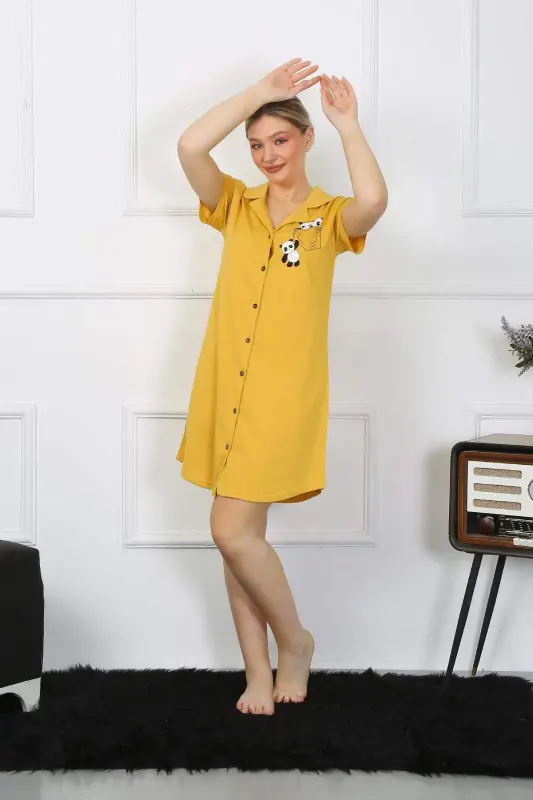 Women's Cotton Jersey Short Sleeve Buttoned Yellow Tunic Nightgown 13109 - 3