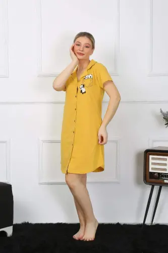 Women's Cotton Jersey Short Sleeve Buttoned Yellow Tunic Nightgown 13109 - 4