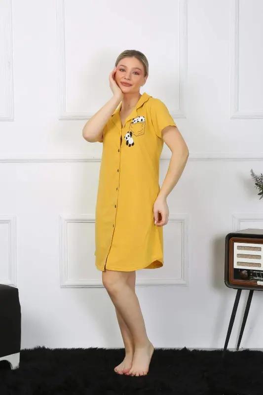 Women's Cotton Jersey Short Sleeve Buttoned Yellow Tunic Nightgown 13109 - 4