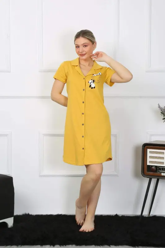 Women's Cotton Jersey Short Sleeve Buttoned Yellow Tunic Nightgown 13109 - 6