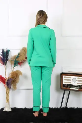 Women's Cotton Knit Front Button Long Sleeve Green Pajama Set 2782 - 4