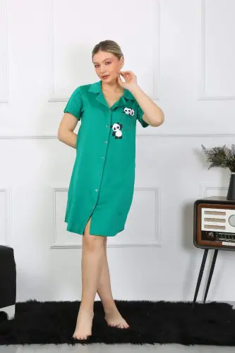 Women's Cotton Knit Short Sleeve Buttoned Green Tunic Nightgown 13109 - 8