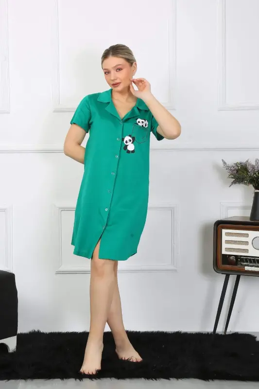 Women's Cotton Knit Short Sleeve Buttoned Green Tunic Nightgown 13109 - 8
