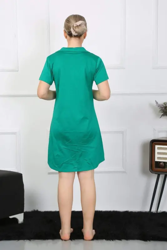 Women's Cotton Knit Short Sleeve Buttoned Green Tunic Nightgown 13109 - 6