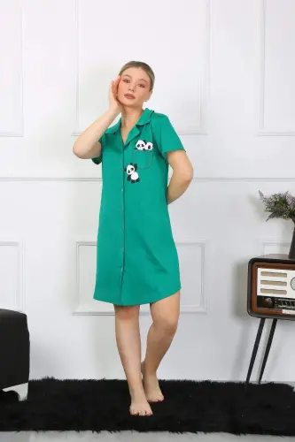 Women's Cotton Knit Short Sleeve Buttoned Green Tunic Nightgown 13109 - 1